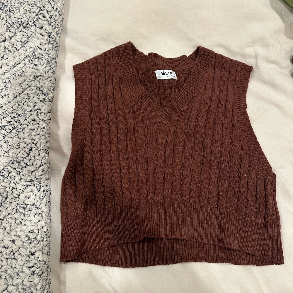 Brown Cropped Cable Knit Sweater Vest
